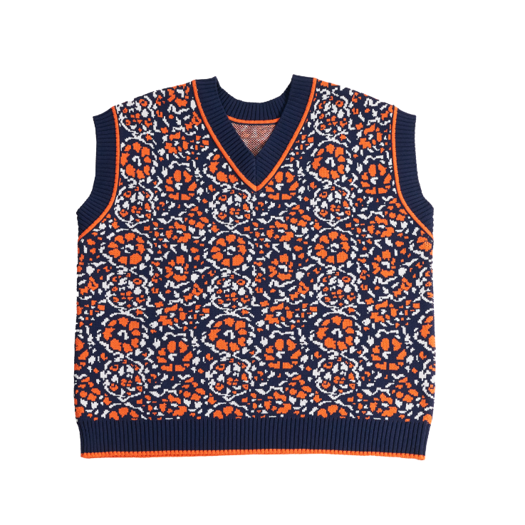 FLOWER JACQUARD KNIT VEST(ORANGE×NAVY)