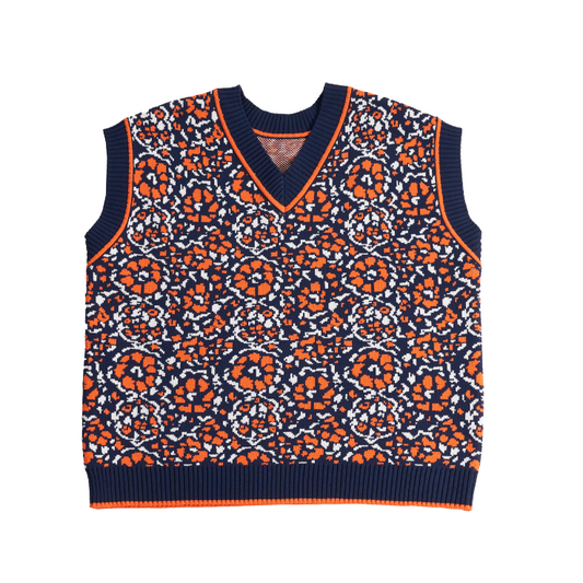 FLOWER JACQUARD KNIT VEST(ORANGE×NAVY)