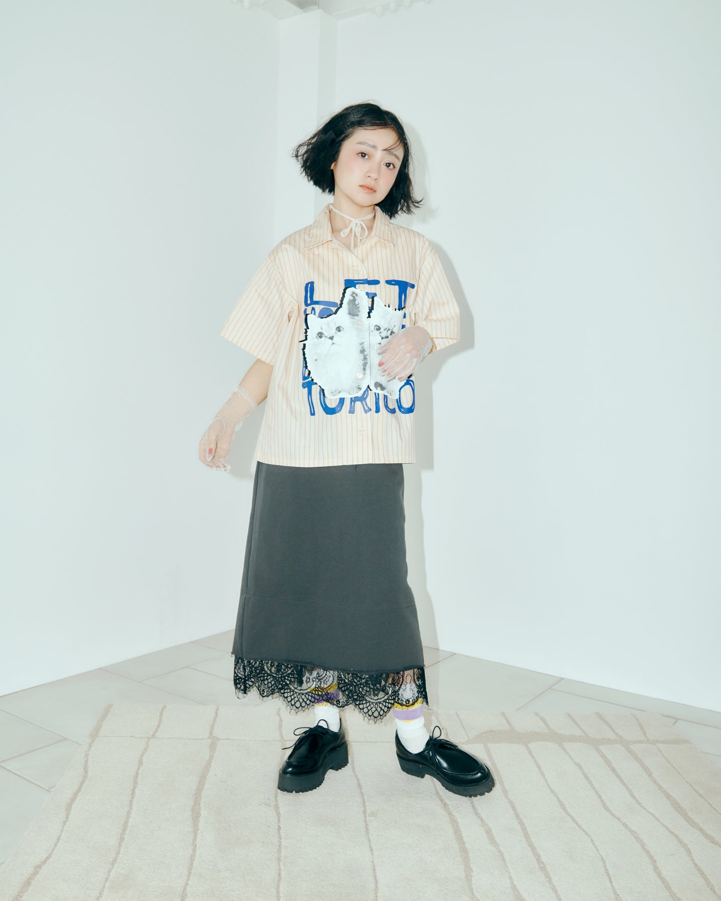 Cat Graphic Stripe Shirt