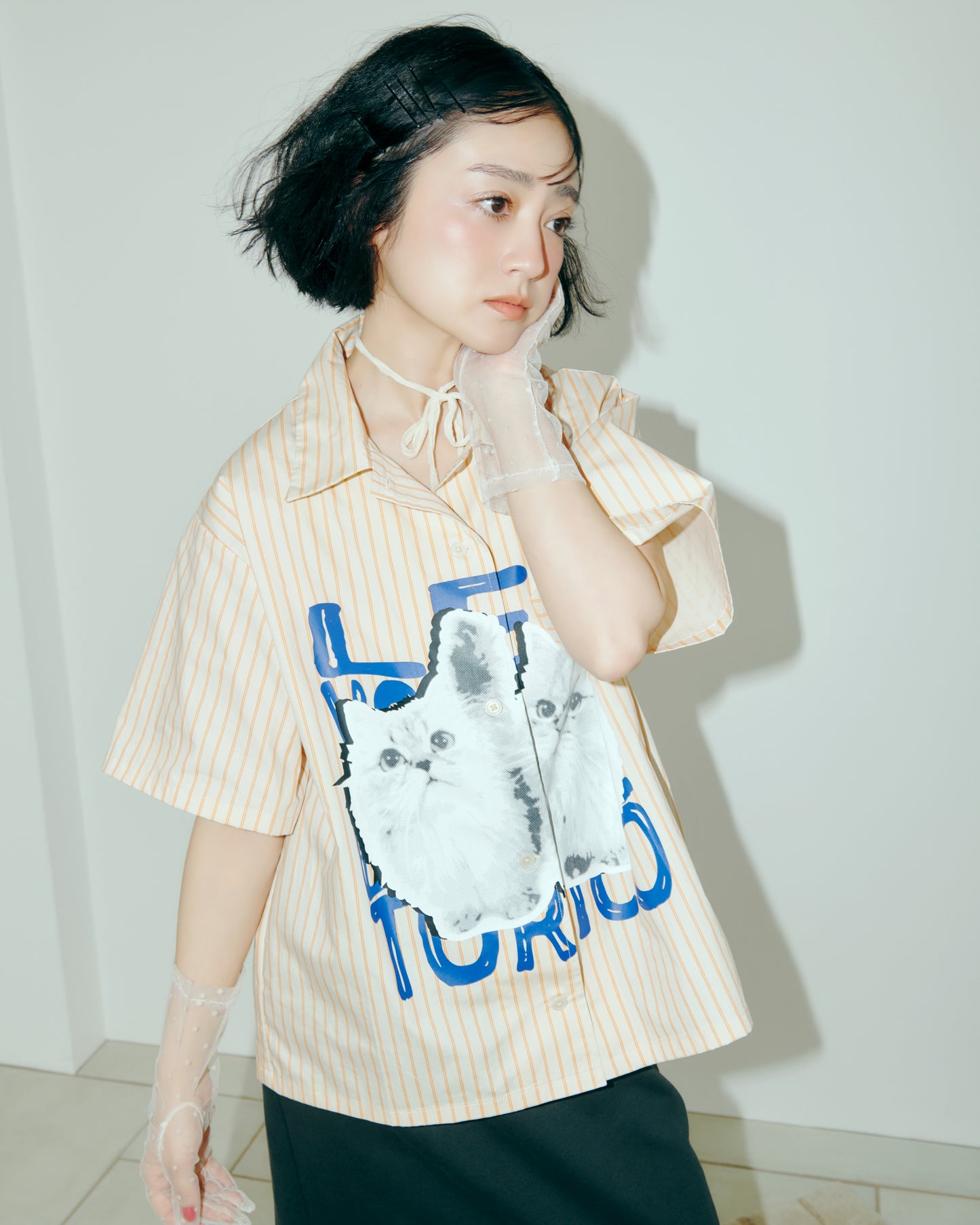 Cat Graphic Stripe Shirt