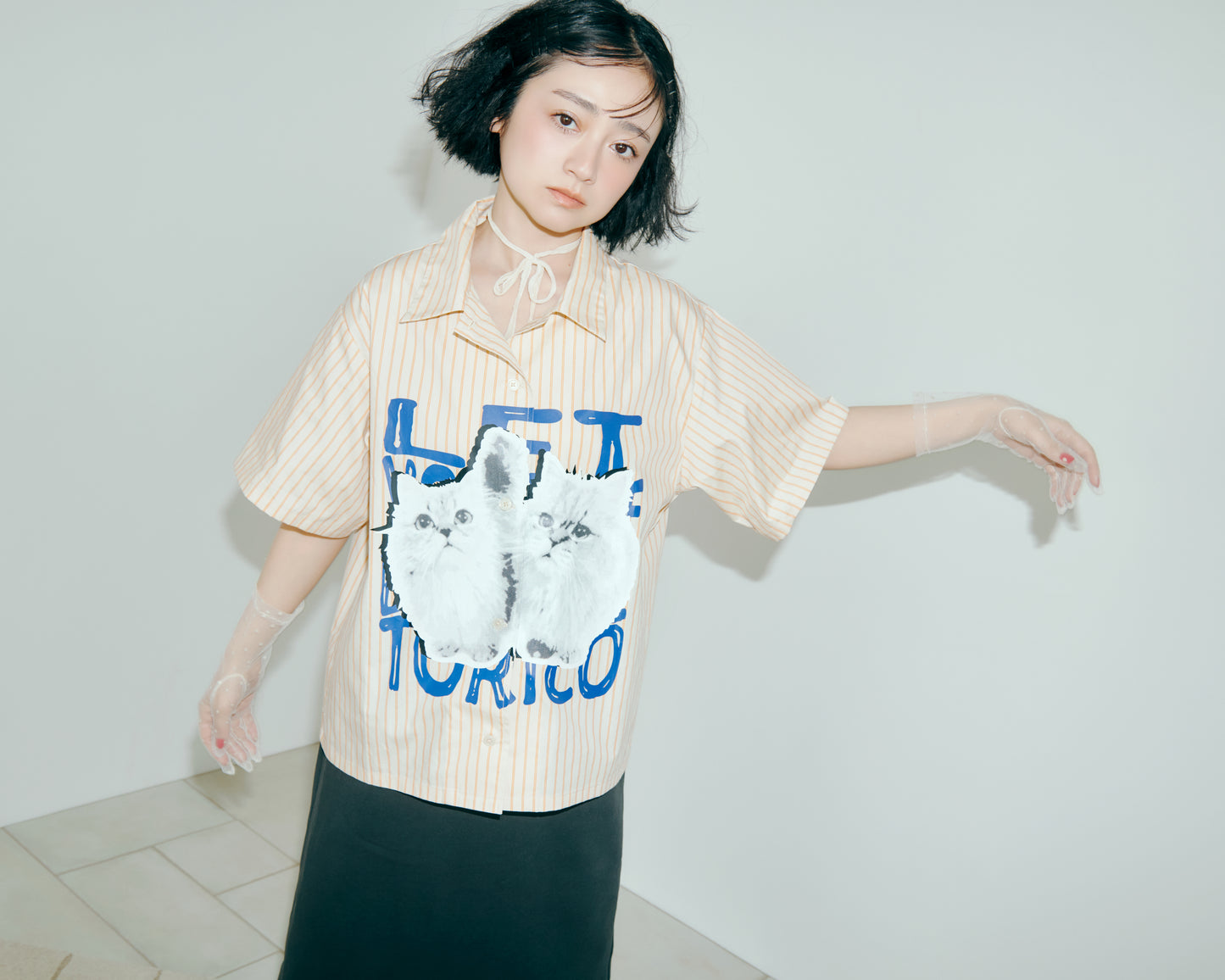 Cat Graphic Stripe Shirt