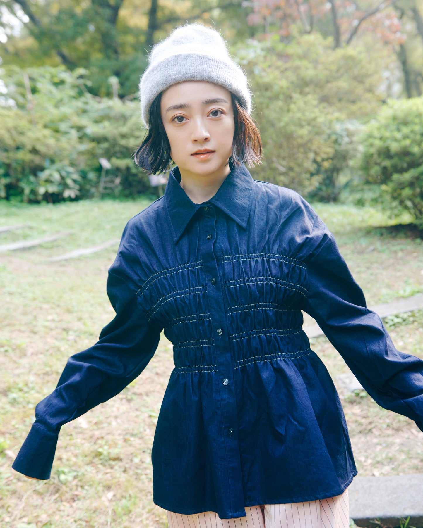 Shirring Peplum Denim Shirt