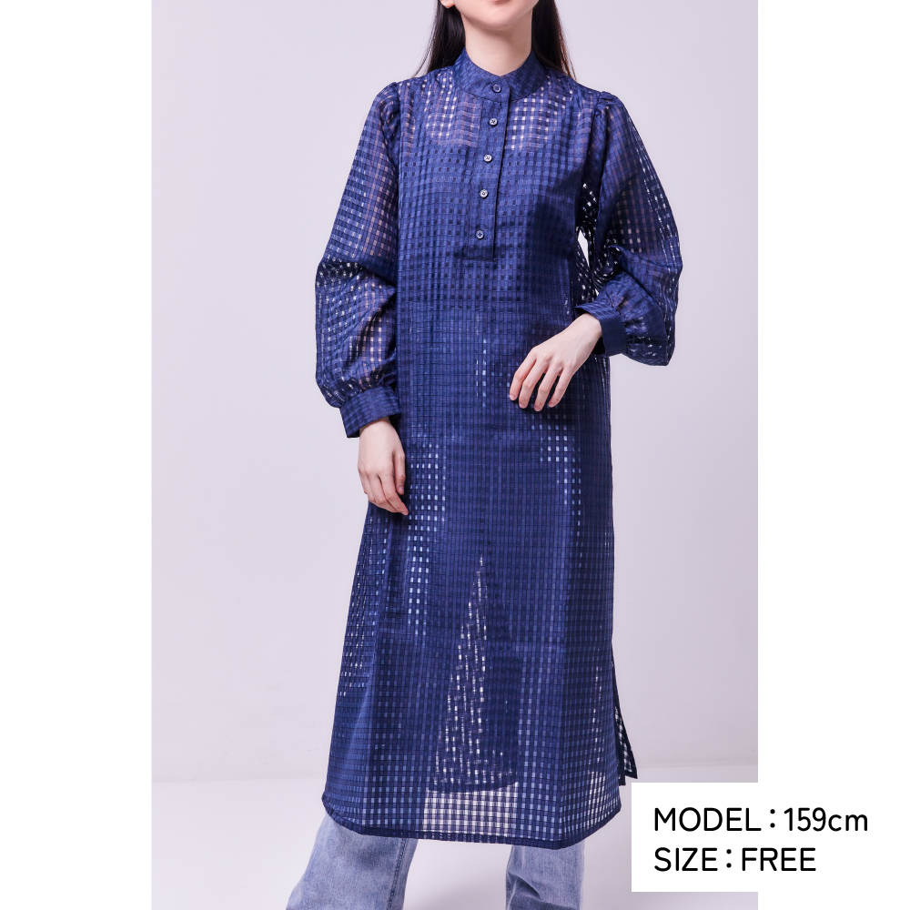 GINGHAM CHECK SHEER FLARED DRESS