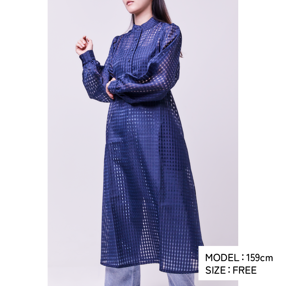 GINGHAM CHECK SHEER FLARED DRESS