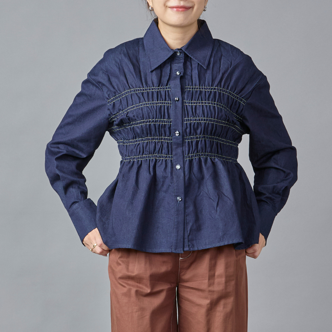 Shirring Peplum Denim Shirt