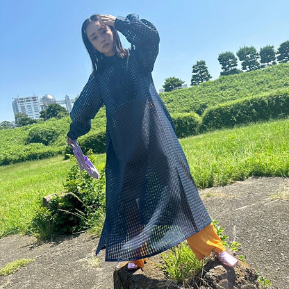 GINGHAM CHECK SHEER FLARED DRESS